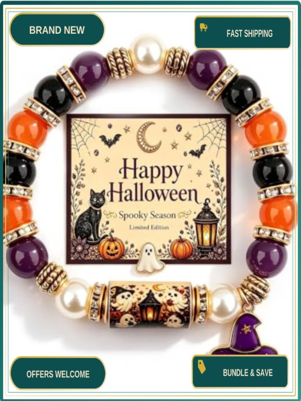 Halloween Stretch Beaded Bracelet with Ghost Skull Pumpkin Charms